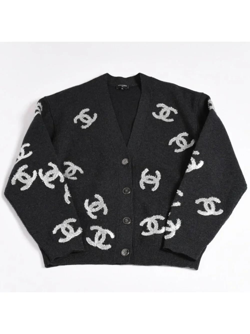 Chanel Cashmere Knit Cardigan CC Logo Glitter Charcoal 38
